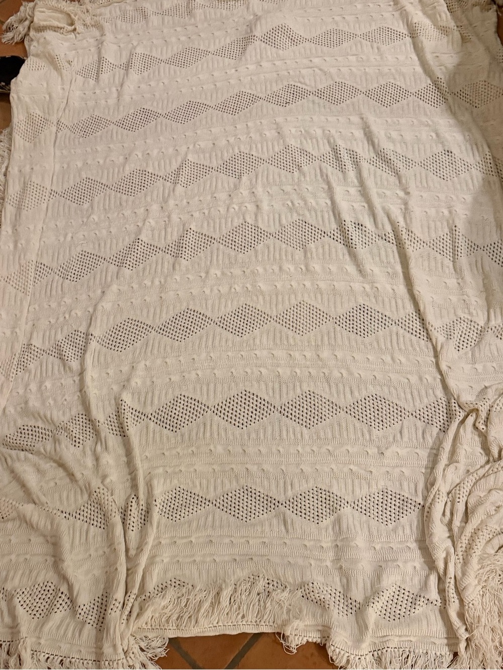 Cream Geometric Fringe Throw Blanket